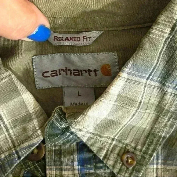 CARHARTT Green Plaid Durable 100% Cotton Long Sleeve Button Down Shirt Size L - Picture 11 of 14